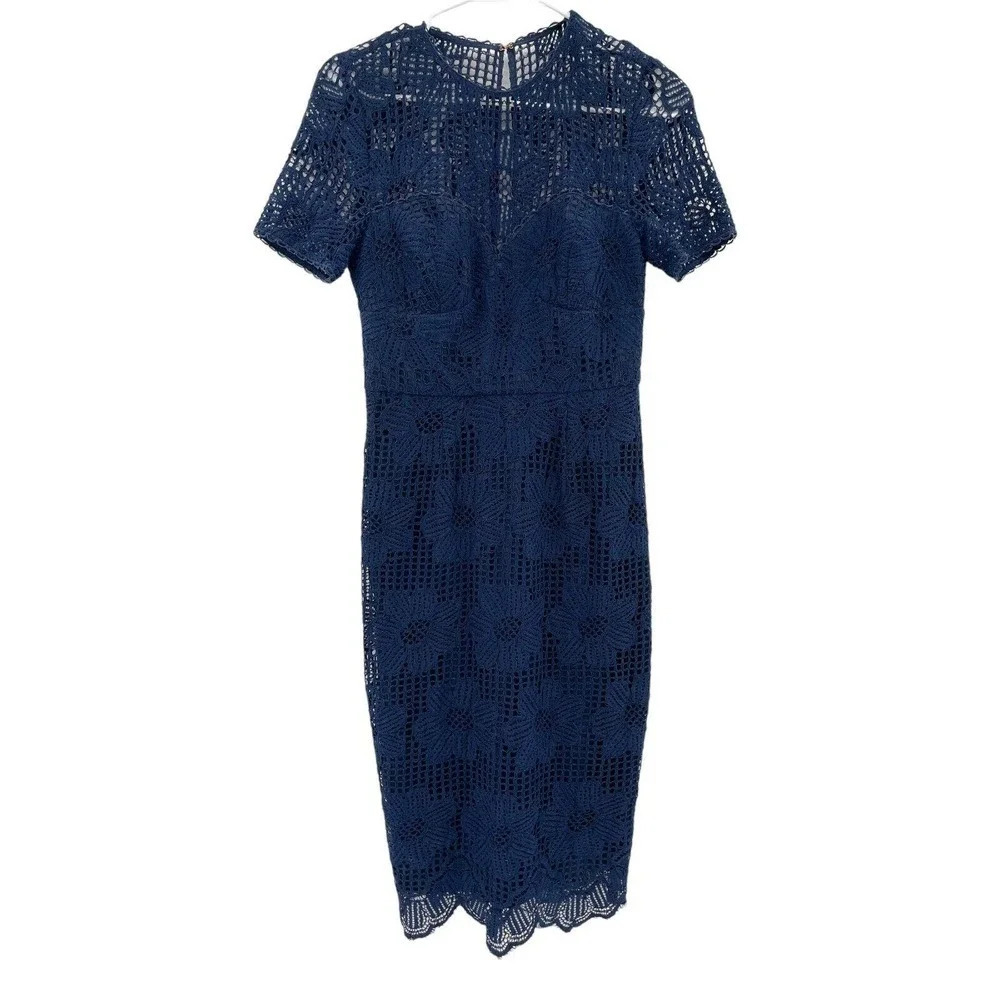 Trina Turk Women's Navy Blue Lace Sheath Dress Short Sleeve Back Zip Size 2 - Picture 1 of 13